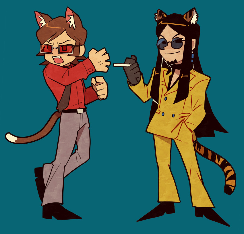 2boys, absurdres, animal_ears, baofu, belt, black_footwear, black_hair, black_necktie