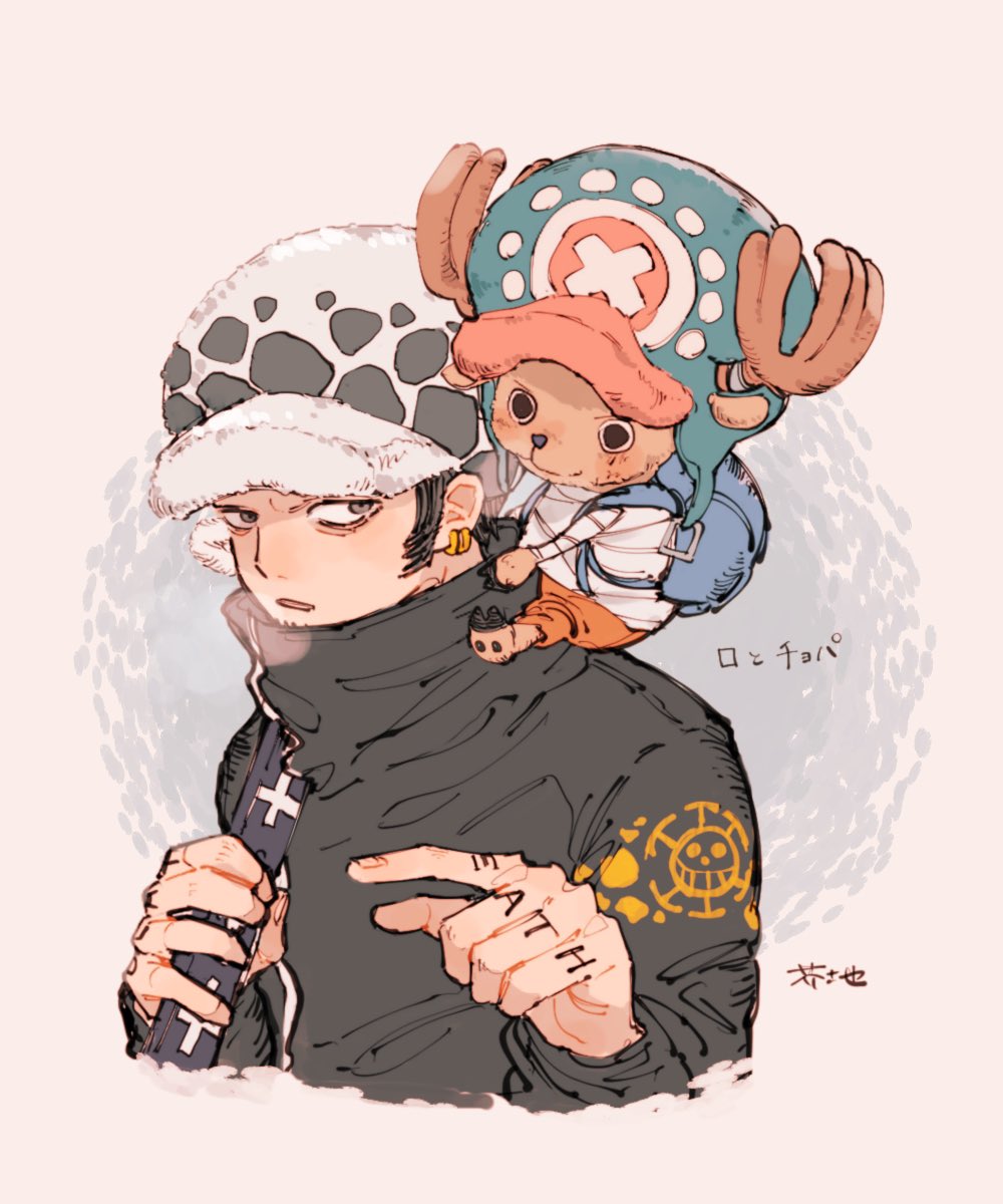 2boys, akuta_ji, antlers, bag, bandages, black_coat, black_hair, blue_bag, coat, commentary_request, cropped_torso, cross, earrings, hand_tattoo, hat, high_collar, highres, holding, holding_sword, holding_weapon, horns, jewelry, looking_ahead, male_focus, multiple_boys, on_shoulder, one_piece, orange_shorts, pointing, pointing_forward, reindeer_antlers, shorts, shoulder_bag, sideburns, sword, tattoo, tony_tony_chopper, trafalgar_law, weapon