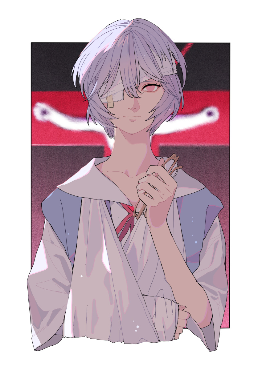 1girl, absurdres, angel_(evangelion), arm_sling, ayanami_rei, bandage_over_one_eye, blue_dress, blue_hair, blurry, closed_mouth, collarbone, cross, crucifixion, depth_of_field, dress, expressionless, gauze_over_eye, highres, holding, holding_removed_eyewear, keiko_(um7mr1), lance_of_longinus_(evangelion), lilith_(evangelion), looking_at_viewer, neck_ribbon, neon_genesis_evangelion, outside_border, pinafore_dress, ribbon, school_uniform, shirt, short_hair, sleeveless, sleeveless_dress, solo_focus, tokyo-3_middle_school_uniform, unworn_eyewear, upper_body, white_shirt