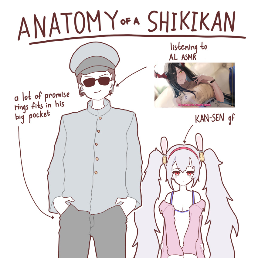 1boy, 2girls, anatomy_of_a_gamer_(meme), animal_ears, azur_lane, camisole, commander_(azur_lane), earphones, english_text, fake_animal_ears, friedrich_der_grosse_(azur_lane), hands_in_pockets, hat, highres, in-ear_earphones, jacket, laffey_(azur_lane), long_hair, looking_at_viewer, meme, military_uniform, multiple_girls, peaked_cap, pengzshu, pink_jacket, rabbit_ears, simple_background, smile, sunglasses, twintails, uniform, very_long_hair, white_background, white_camisole, white_hair, white_hat