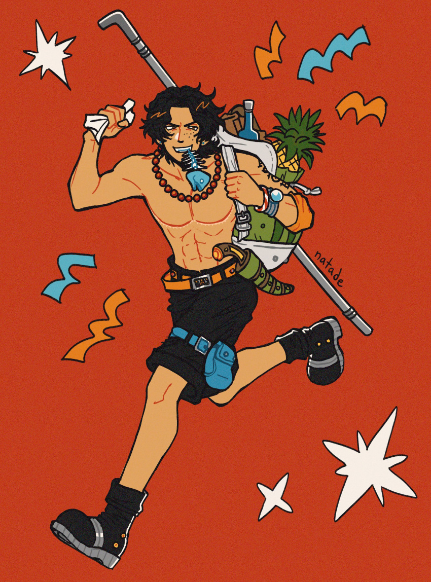 1boy, absurdres, apple_pie, arm_tattoo, artist_name, bag, belt, black_hair, black_shorts, boots, bracelet, english_commentary, fish_in_mouth, food, freckles, full_body, highres, jewelry, knife, log_pose, male_focus, natade_art, necklace, one_piece, orange_belt, pearl_necklace, pie, portgas_d._ace, red_background, running, short_hair, shorts, shoulder_bag, solo, tattoo, topless_male