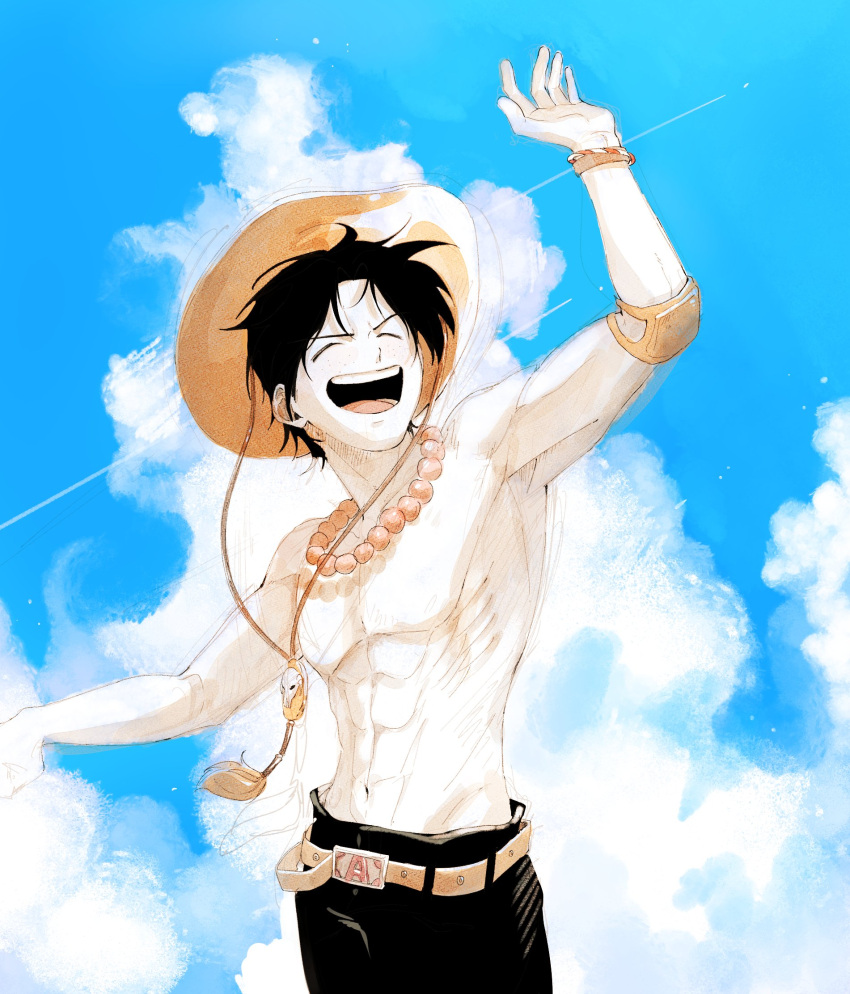 1boy, ^_^, arms_up, belt, black_hair, black_shorts, bracelet, c_a_k_e, closed_eyes, clouds, commentary_request, elbow_pads, highres, jewelry, korean_commentary, male_focus, necklace, one_piece, open_mouth, orange_belt, pearl_necklace, portgas_d._ace, short_hair, shorts, single_elbow_pad, sky, smile, solo, topless_male