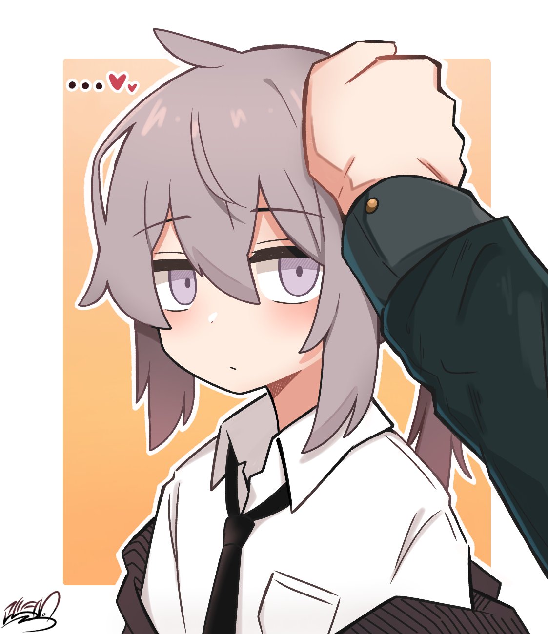 ..., 1boy, 1girl, black_necktie, border, brown_jacket, commander_(girls'_frontline), expressionless