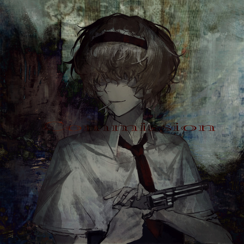1girl, abstract_background, absurdres, alice_margatroid, capelet, chinese_commentary, cigarette, cocking_gun