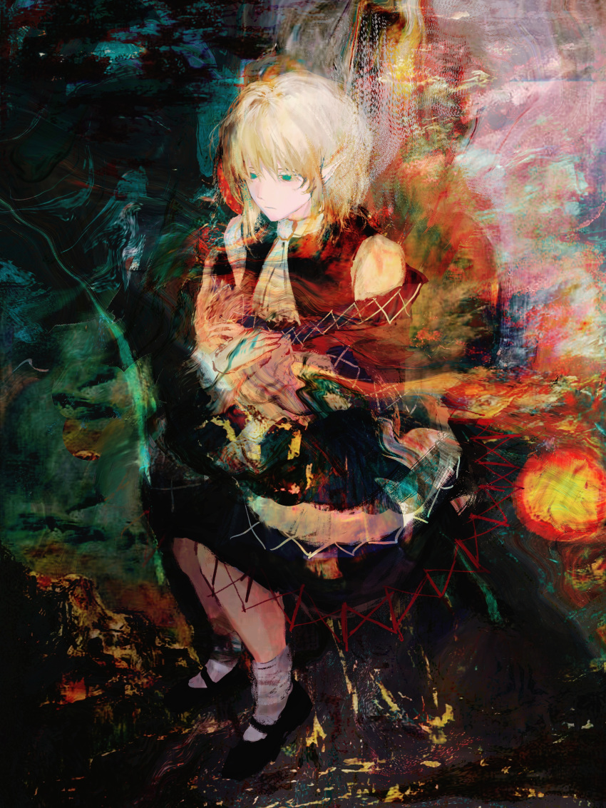 1girl, abstract_background, absurdres, arm_warmers, black_footwear, black_shirt, black_skirt, blonde_hair, brown_jacket, chinese_commentary, closed_mouth, commentary_request, expressionless, full_body, green_eyes, highres, jacket, mary_janes, mizuhashi_parsee, multicolored_clothes, multicolored_jacket, off_shoulder, pointy_ears, scarf, shirt, shoes, short_hair, sitting, skirt, sleeveless, sleeveless_shirt, socks, solo, touhou, white_scarf, white_socks, xbsx