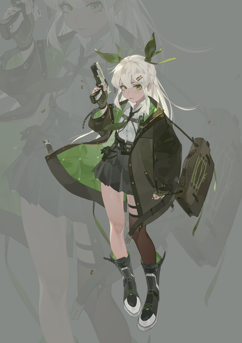 1girl, absurdres, aiming_up, bag, belt_pouch, black_necktie, black_thighhighs, boots
