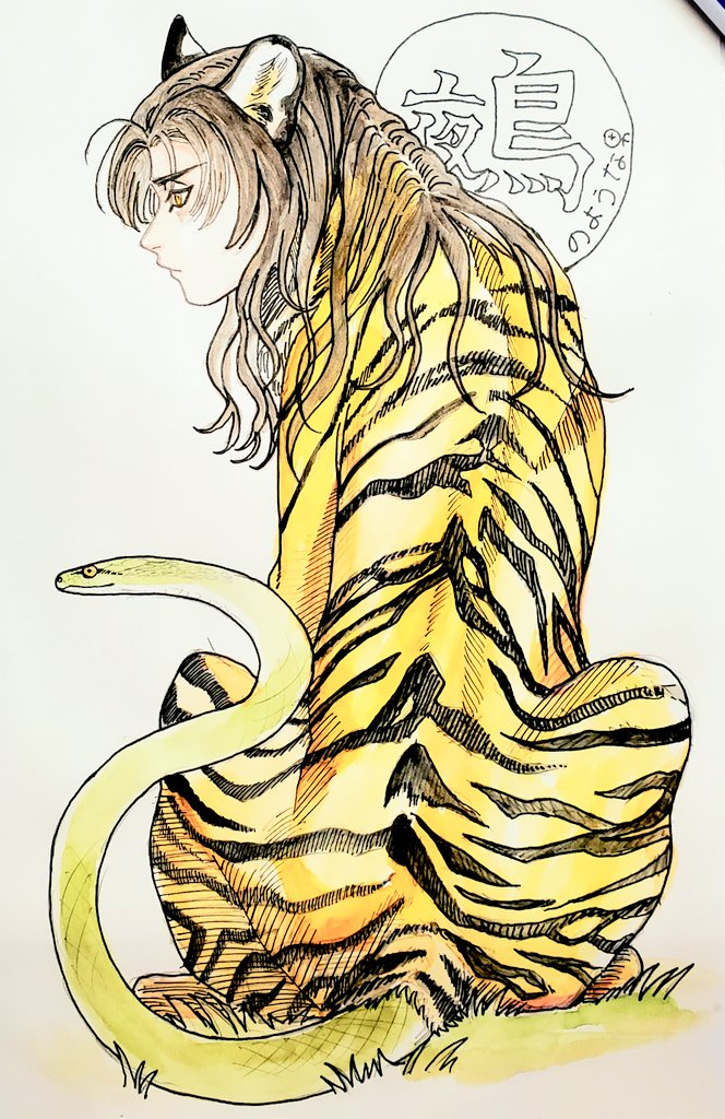 1boy, animal_ears, brown_hair, closed_mouth, full_body, grass, human_head, long_hair