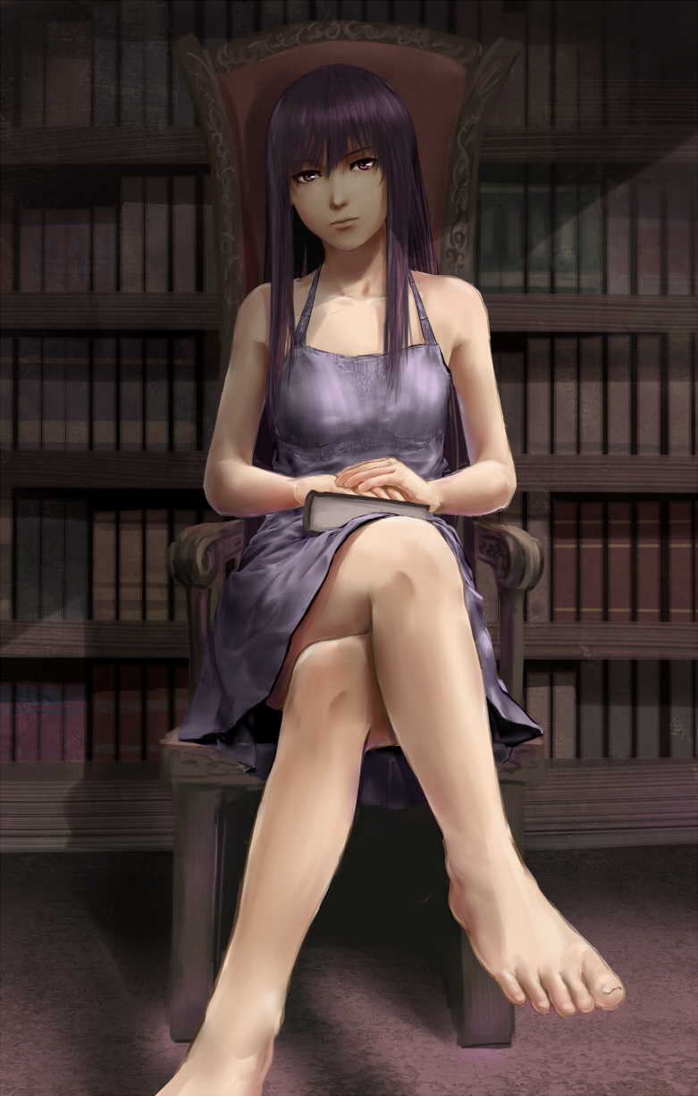 book, bookshelf, chair, crossed_legs, dress, feet, highres, long_hair