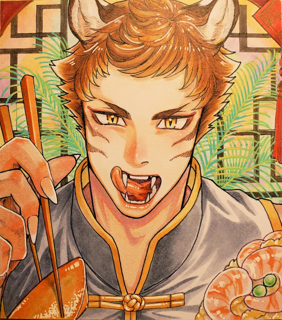1boy, animal_ears, brown_eyes, changpao, chinese_clothes, chopsticks, commentary_request, eyeliner, facial_mark, fangs, fern, fingernails, food, fried_rice, hand_up, holding, holding_chopsticks, indoors, licking_lips, long_fingernails, looking_at_viewer, makeup, male_focus, mandarin_collar, open_mouth, original, plant, round_window, sharp_fingernails, short_hair, shrimp, sleipnirrrr, slit_pupils, solo, tiger_boy, tiger_ears, tongue, tongue_out, traditional_media, upper_body, very_short_hair, whisker_markings, window, yellow_background