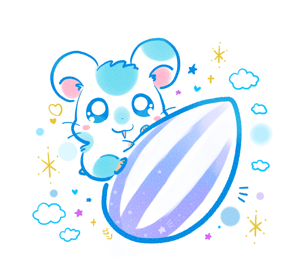 :3, animal, animal_ears, animal_focus, blush_stickers, clouds, commentary_request, food, hamster, hamster_ears, hamtaro_(series), heart, holding, holding_food, jin_(jin3jin3), koushi_(hamtaro), looking_at_viewer, no_humans, notice_lines, seed, solo, sparkle, star_(symbol), sunflower_seed, whiskers