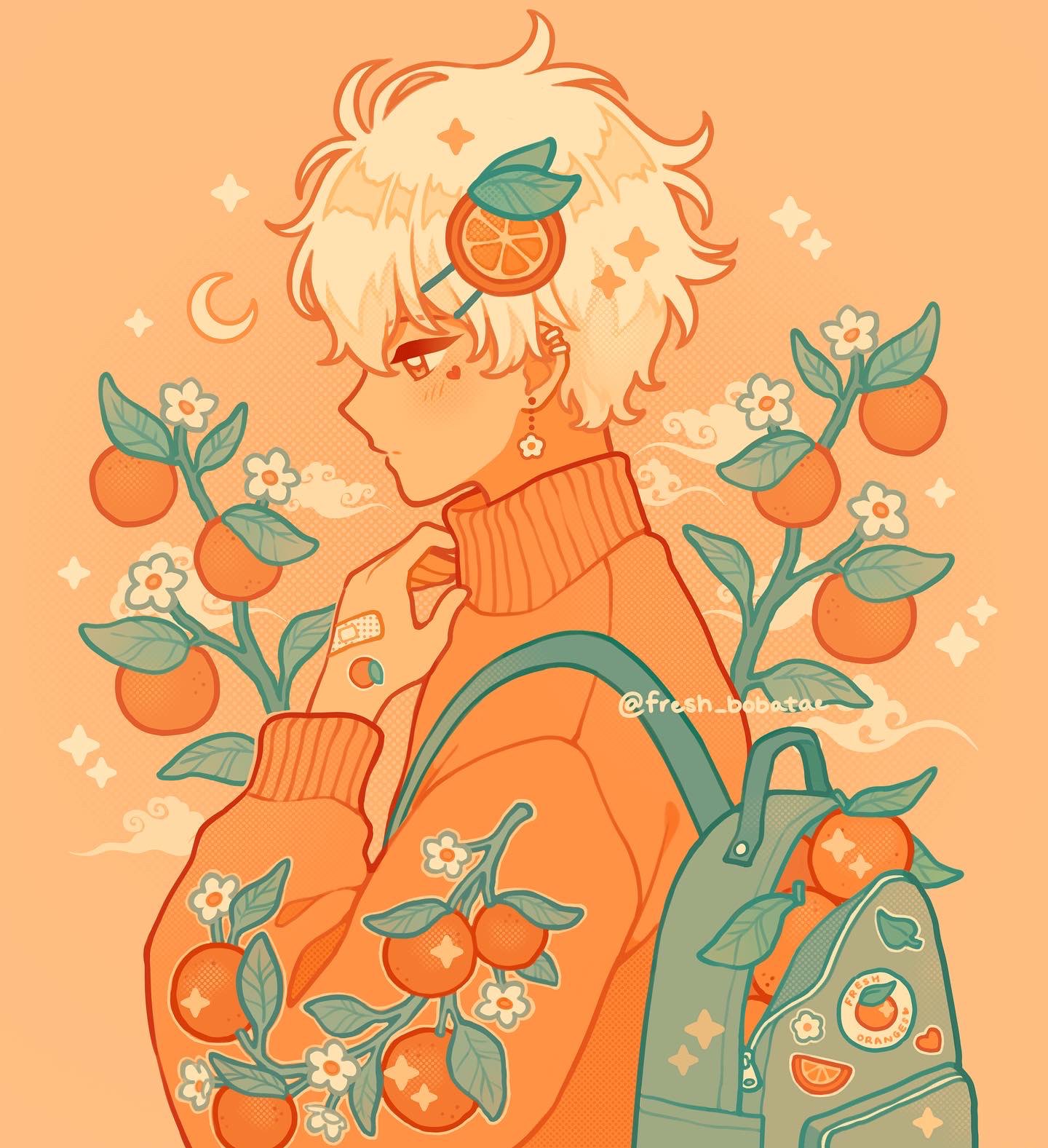 1boy, backpack, bag, bandaid, bandaid_on_hand, clouds, crescent_moon, earrings