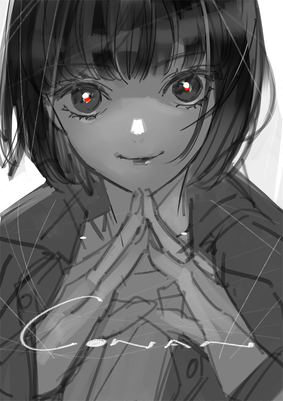 1girl, bob_cut, character_name, eyelashes, greyscale, jacket, jukkakukan_no_satsujin, kawaminami_akira, kiyohara_hiro, medium_bangs, monochrome, own_hands_together, short_hair, simple_background, sketch, smile, solo, spot_color, white_background
