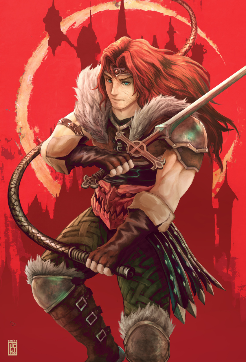1boy, absurdres, arm_belt, armor, blue_eyes, boots, castle, castlevania_(1986)