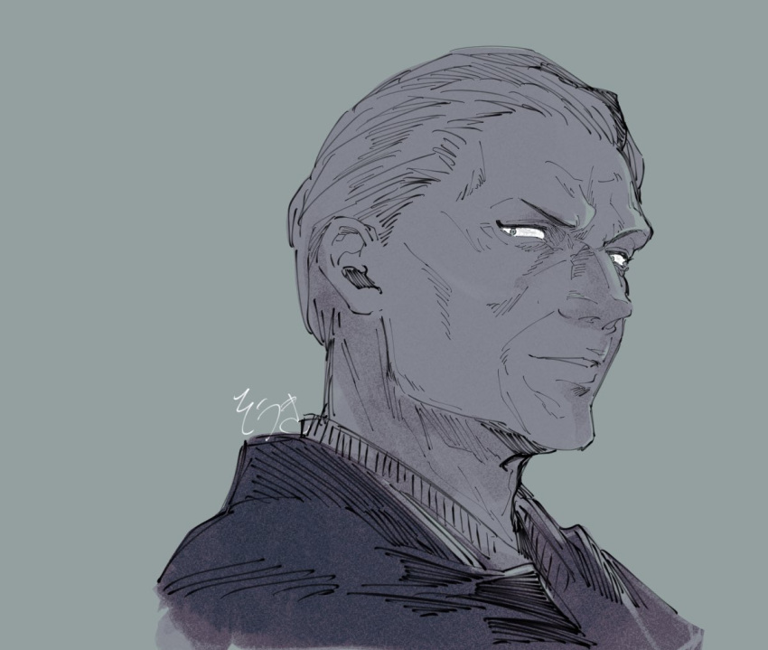 1boy, akane-banashi, arakawa_shiguma, greyscale, hair_slicked_back, japanese_clothes, kimono, looking_at_viewer