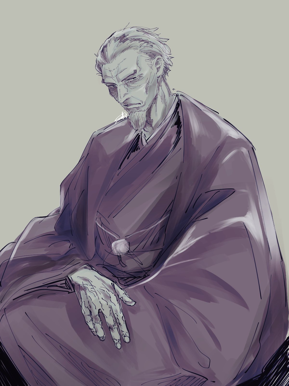 1boy, akane-banashi, arakawa_isshou, artist_name, beard, cheekbones, facial_hair, greyscale