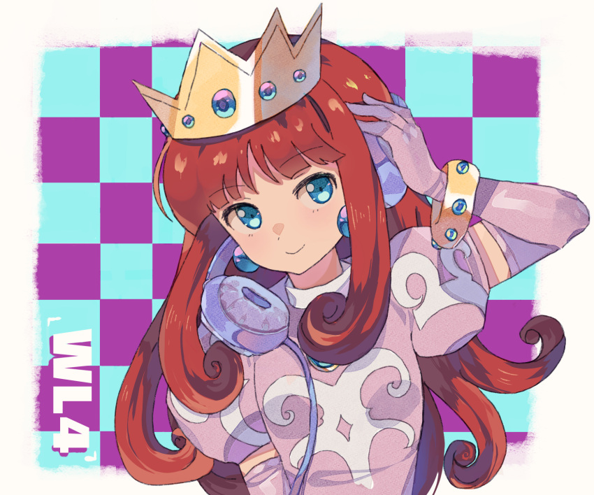 1girl, blue_eyes, bracelet, checkered_background, crown, dress, earrings, elbow_gloves