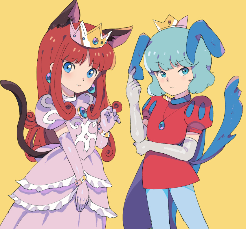 1boy, 1girl, animal_ears, blue_hair, bracelet, cape, cat_ears, cat_tail