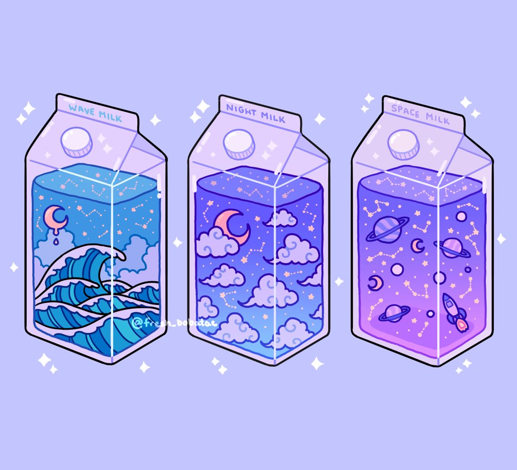 blue_background, blue_clouds, clouds, constellation, crescent_moon, emily_kim, liquid, milk_carton, moon, night, night_sky, no_humans, original, pastel_colors, planet, purple_theme, saturn_(planet), simple_background, sky, spacecraft, sparkle, twitter_username, waves