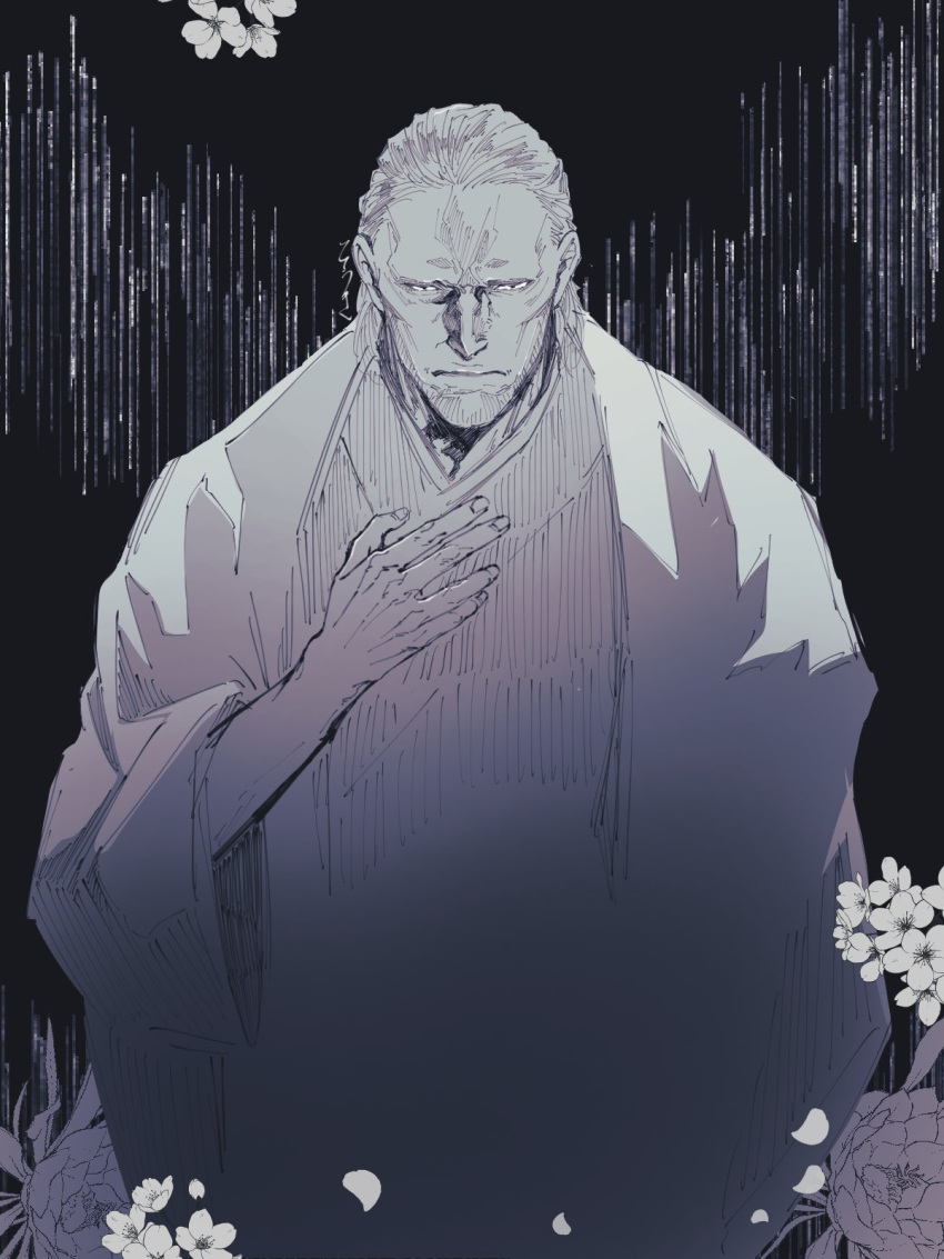 1boy, akane-banashi, arakawa_taizen, facial_hair, flower, forehead, greyscale, hand_up