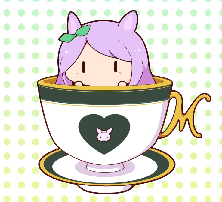 1girl, animal_ears, blush_stickers, chibi, cup, ear_ribbon, gomashio_(goma_feet), green_ribbon