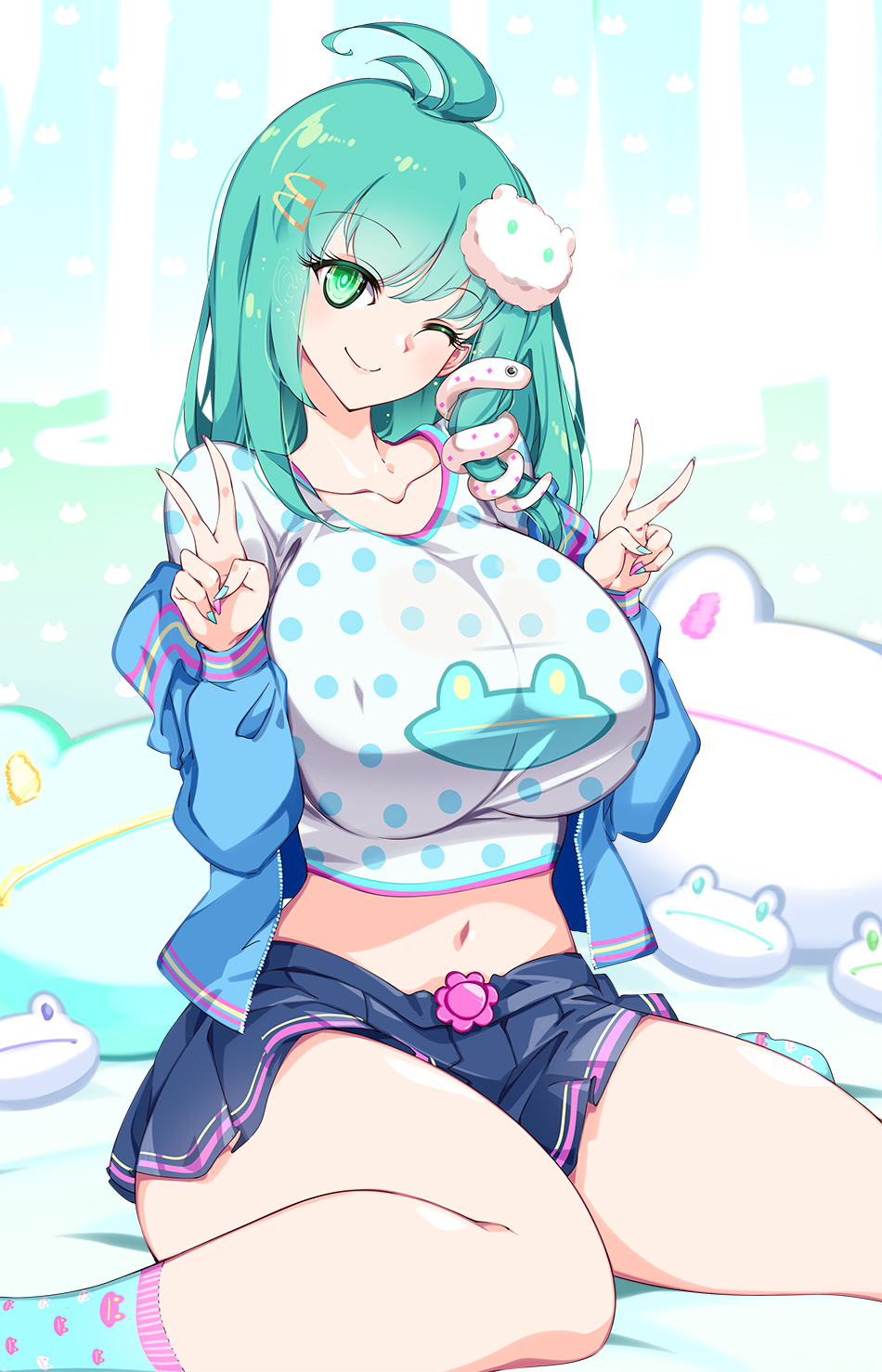 1girl, ahoge, black_skirt, blue_jacket, breasts, collarbone, eyebrows, eyelashes