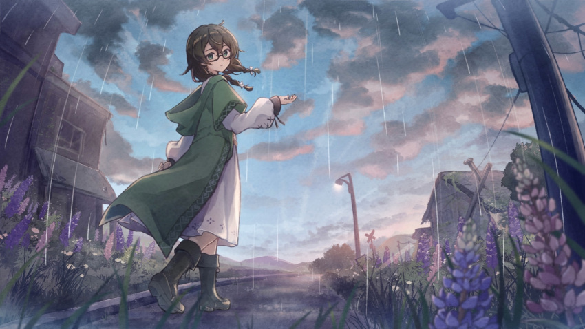 1girl, arm_at_side, black-framed_eyewear, black_footwear, blue_flower, blue_sky, boots, bow, braid, building, cevio, closed_mouth, clouds, dress, expressionless, flower, from_below, full_body, glasses, green_eyes, green_jacket, hair_between_eyes, hair_bow, hanakuma_chifuyu, haru1suama, highres, hood, hood_down, jacket, lamppost, long_dress, long_sleeves, looking_at_viewer, looking_back, medium_hair, outdoors, pink_flower, purple_flower, scenery, short-sleeved_jacket, short_sleeves, sky, solo, standing, sunset, twin_braids, walking, white_bow, white_dress, window
