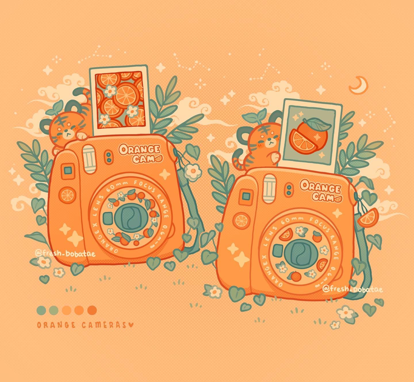 camera, charm_(object), clouds, color_guide, constellation, crescent_moon, emily_kim, food