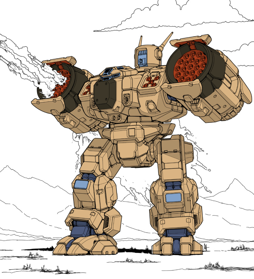 battletech, choujikuu_yousai_macross, clouds, darkton-artemis, destroid, energy_cannon, english_commentary, firing