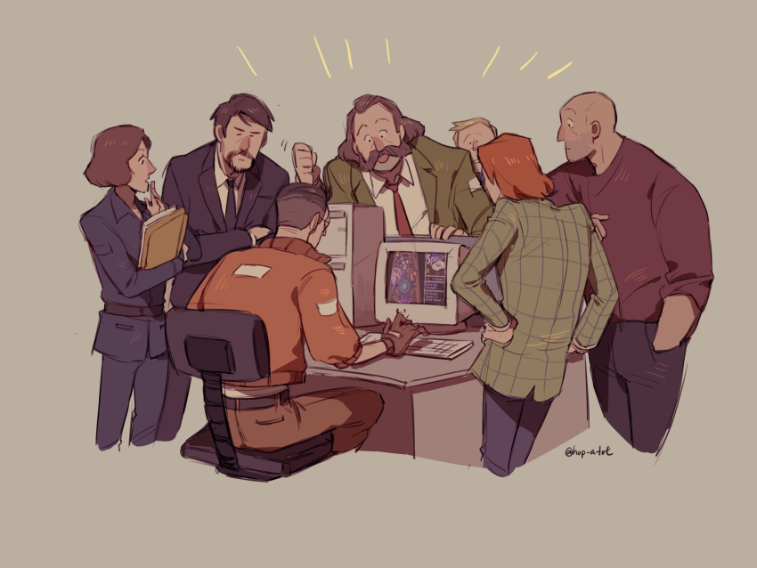 1girl, 3d_pinball_space_cadet, 6+boys, bald, beard, beard_stubble, black_hair, blonde_hair