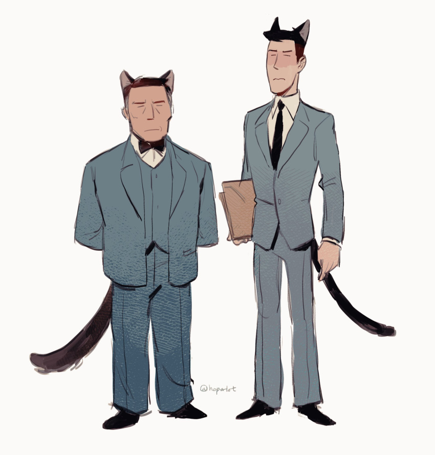 2boys, animal_ears, black_hair, blue_suit, cat_boy, cat_ears, cat_tail, citrus0lemon