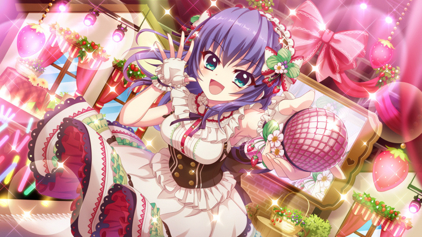 1girl, :d, aqua_eyes, blue_hair, bow, breasts, brick_wall, buttons, catwalk_(modeling), concert, dot_nose, dress, dutch_angle, film_grain, fingerless_gloves, flower, food, frilled_hairband, frills, fruit, game_cg, gloves, glowstick, hairband, hand_up, holding, holding_microphone, honjou_kasumi, idol, idol_clothes, izumi_tsubasu, large_bow, lens_flare, looking_at_viewer, medium_breasts, medium_hair, microphone, non-web_source, official_art, open_mouth, outstretched_arm, re:stage!, red_bow, screen, smile, solo, sparkle, stage, stage_lights, strawberry, underbust, white_dress, white_gloves, wicker_basket, window, yellow_flower