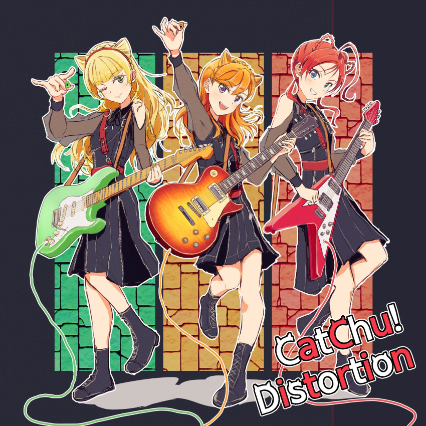 3girls, arm_up, black_dress, black_footwear, blonde_hair, blue_eyes, blunt_bangs, boots
