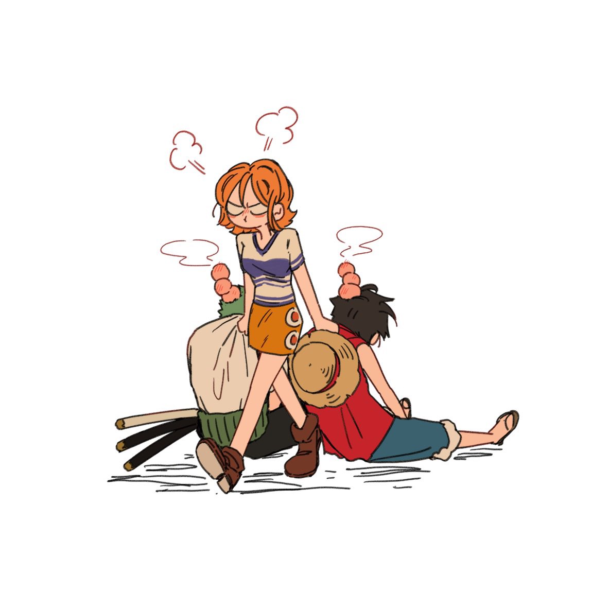 1girl, 2boys, angry, clothes_grab, feet_out_of_frame, green_hair, haramaki, hat