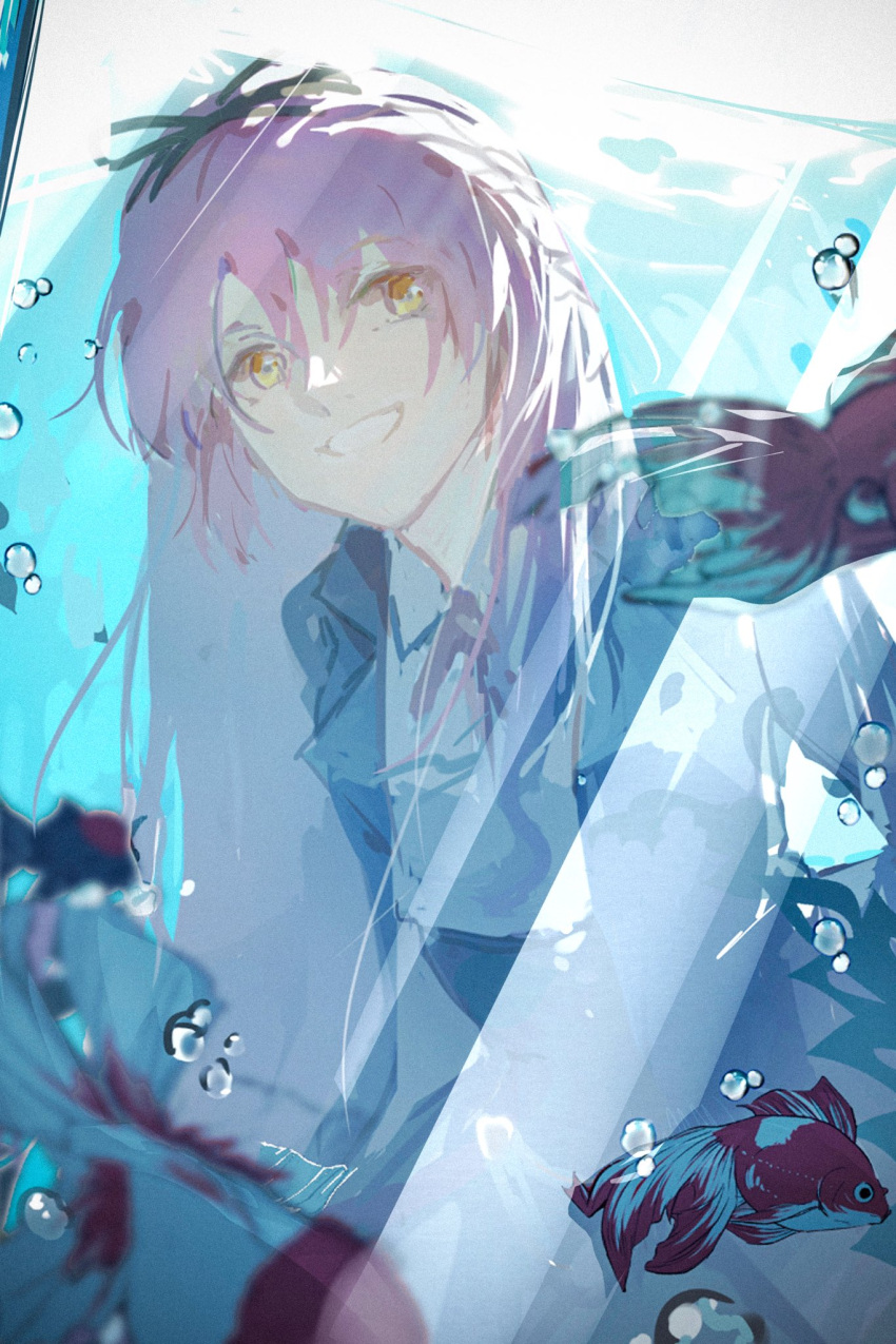 1girl, air_bubble, aquarium, bubble, ck_rath, collared_shirt, dress_shirt, eiyuu_densetsu