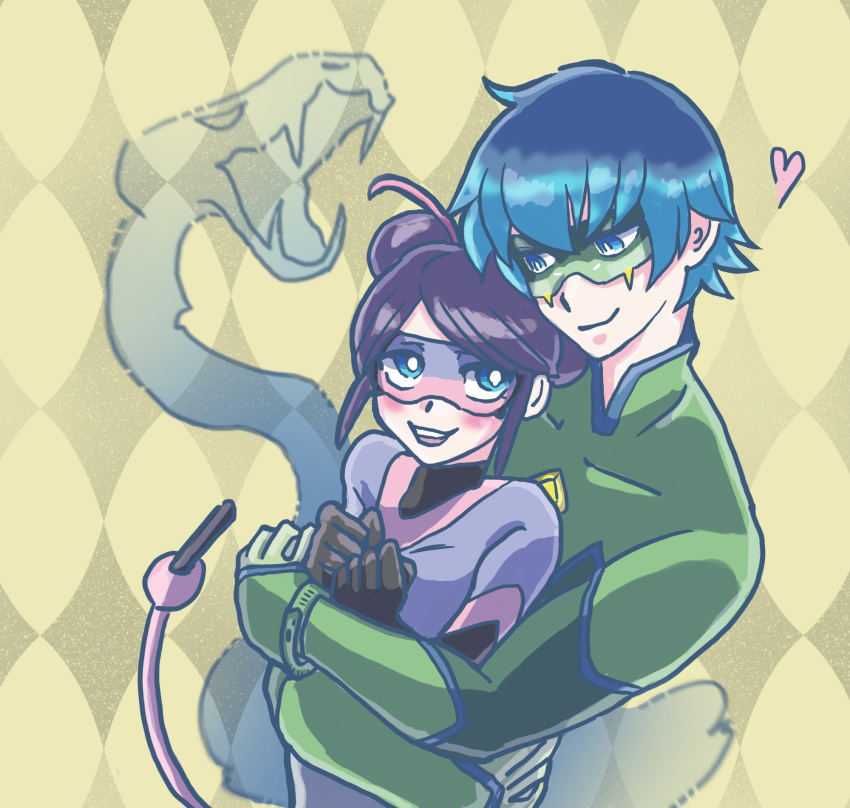 1boy, 1girl, blue_eyes, blue_hair, bodysuit, double_bun, green_bodysuit, green_mask, grey_bodysuit, grey_mask, hair_bun, heart, highres, hinageshi2021, hug, hug_from_behind, luka_couffaine, marinette_dupain-cheng, miraculous_ladybug, mouse_girl, multimouse_(character), slit_pupils, snake, snake_boy, superhero_costume, tail, upper_body