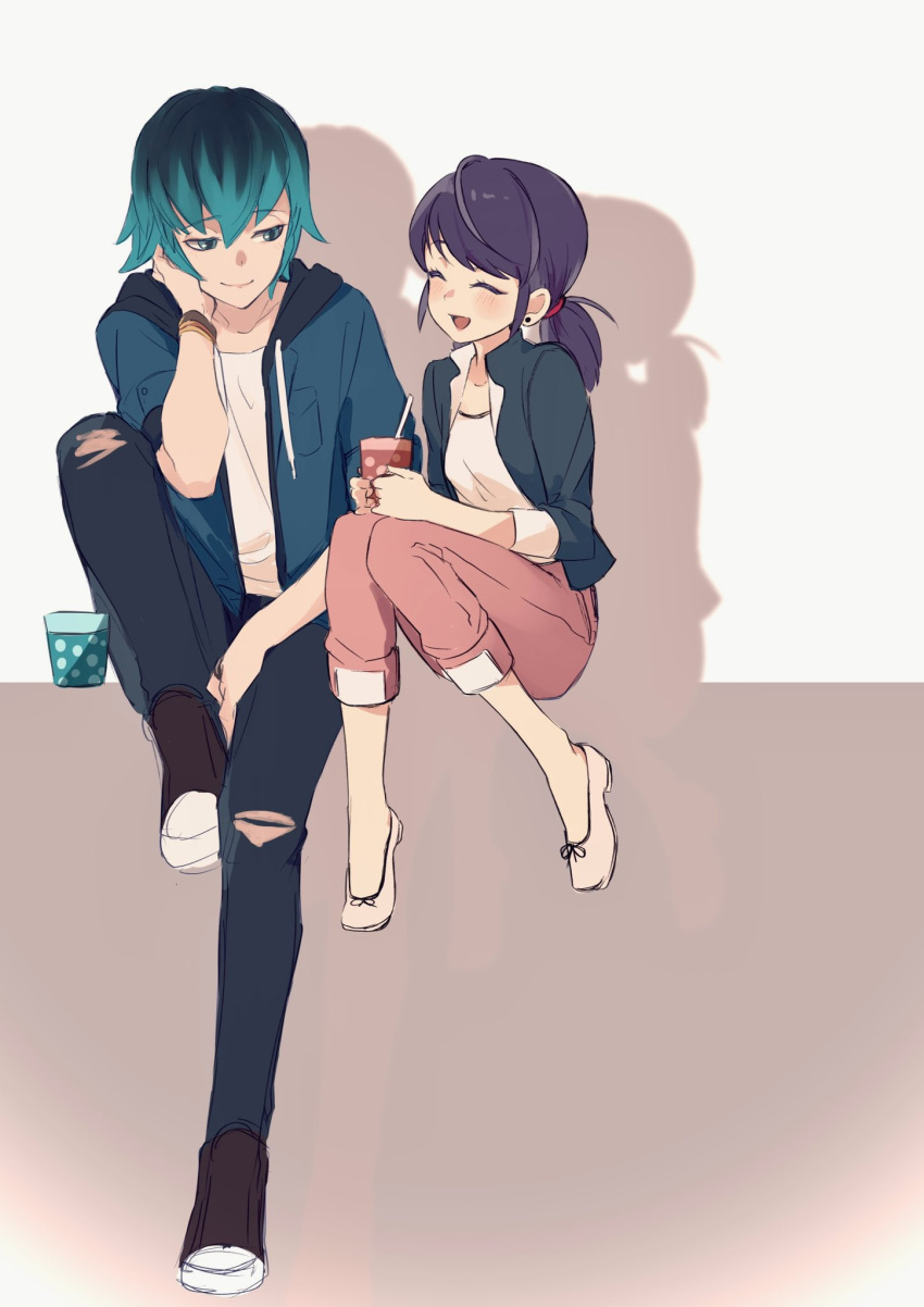 1boy, 1girl, black_footwear, black_jacket, black_pants, blazer, blue_eyes, blue_hair