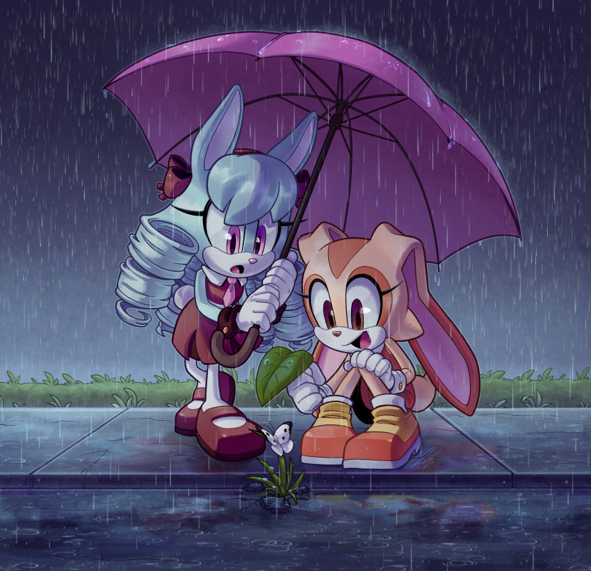 2girls, absurdres, aideneye99, animal_ears, anya_the_rabbit, blue_fur, blue_hair, brown_dress, brown_eyes, brown_footwear, brown_fur, bug, butterfly, cream_the_rabbit, dress, furry, furry_female, gloves, grass, grey_sky, highres, holding, holding_leaf, holding_umbrella, leaf, long_hair, mary_janes, multiple_girls, necktie, open_mouth, orange_dress, orange_footwear, original, outdoors, pantyhose, pink_necktie, plant, puddle, rabbit_ears, rabbit_girl, rain, ringlets, road, shoes, sidewalk, sky, sleeveless, sleeveless_dress, sonic_(series), squatting, umbrella, violet_eyes, white_butterfly, white_gloves, white_pantyhose