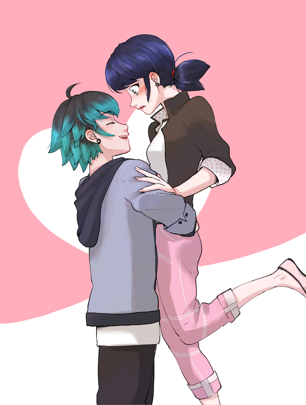 1boy, 1girl, black_jacket, black_pants, blazer, blue_eyes, blue_hair, blush