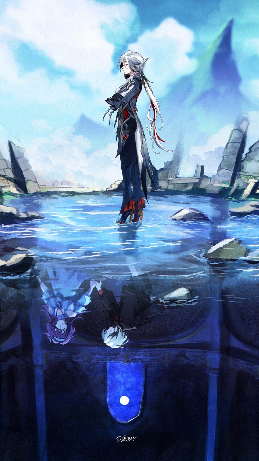 2girls, aged_down, arlecchino_(genshin_impact), bare_shoulders, black_hair, black_hands, clervie_(genshin_impact), clouds