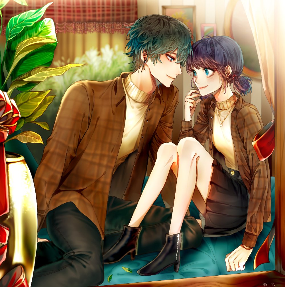 1boy, 1girl, black_footwear, black_pants, black_skirt, blue_eyes, blue_hair, brown_vest