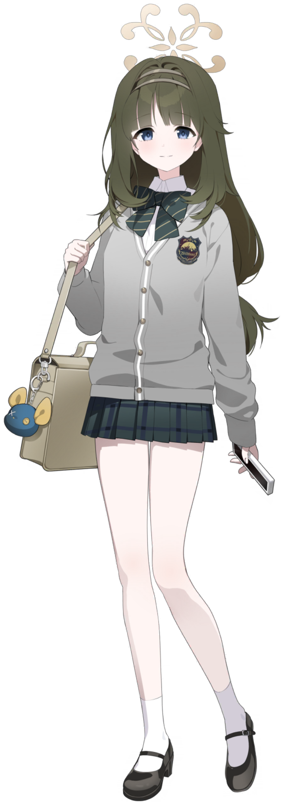 1girl, absurdres, badge, bag, blue_archive, blue_eyes, blunt_bangs, breasts, brown_hair, cardigan, cellphone, closed_mouth, full_body, grey_cardigan, halo, headband, highres, medium_breasts, phone, ribbon, school_uniform, shoes, simple_background, smile, solo, standing, tachi-e, thighs, transparent_background, tsumugi_(blue_archive)