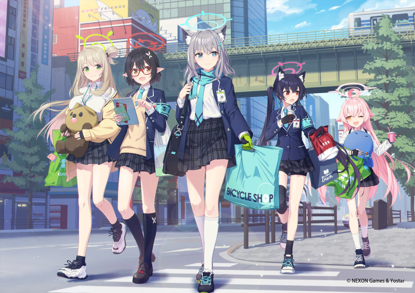 5girls, ahoge, akihabara_(tokyo), animal_ears, ayane_(blue_archive), azumi_akitake, bag, black_footwear