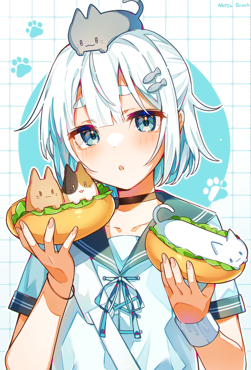 1girl, :3, animal, animal_on_head, artist_name, black_choker, blue_eyes, cat, choker, commentary, english_commentary, fingernails, fish_hair_ornament, food, grid_background, hair_ornament, highres, holding, holding_food, hot_dog, hot_dog_bun, lettuce, looking_at_viewer, medium_hair, nail_polish, natsu_enoch, on_head, original, parted_lips, paw_print, sailor_collar, school_uniform, serafuku, short_sleeves, solo, upper_body, white_hair, wristband