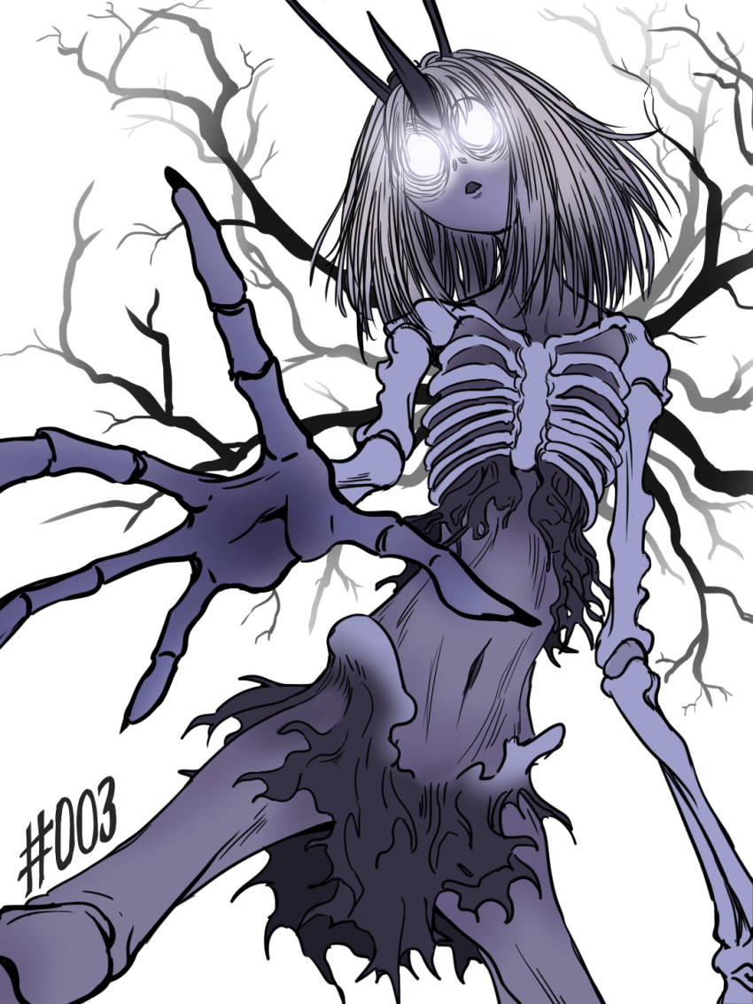 1girl, bone, copyright_request, glowing, glowing_eye, glowing_eyes, highres, horns