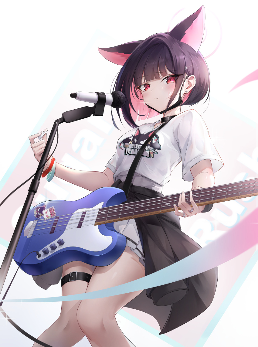1girl, absurdres, animal_ears, bass_guitar, belt, black_choker, black_hair, black_jacket