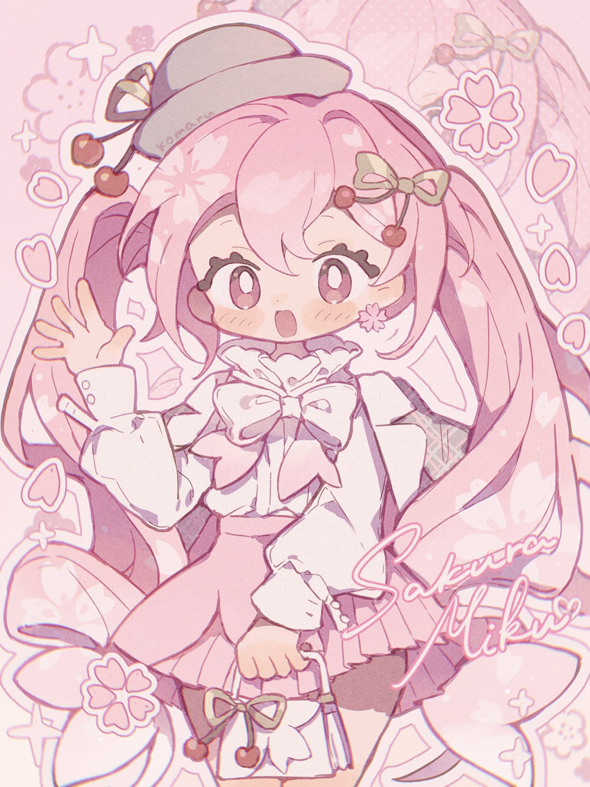 1girl, :d, bag, blush, cherry_hair_ornament, chibi, chibi_only, collared_shirt