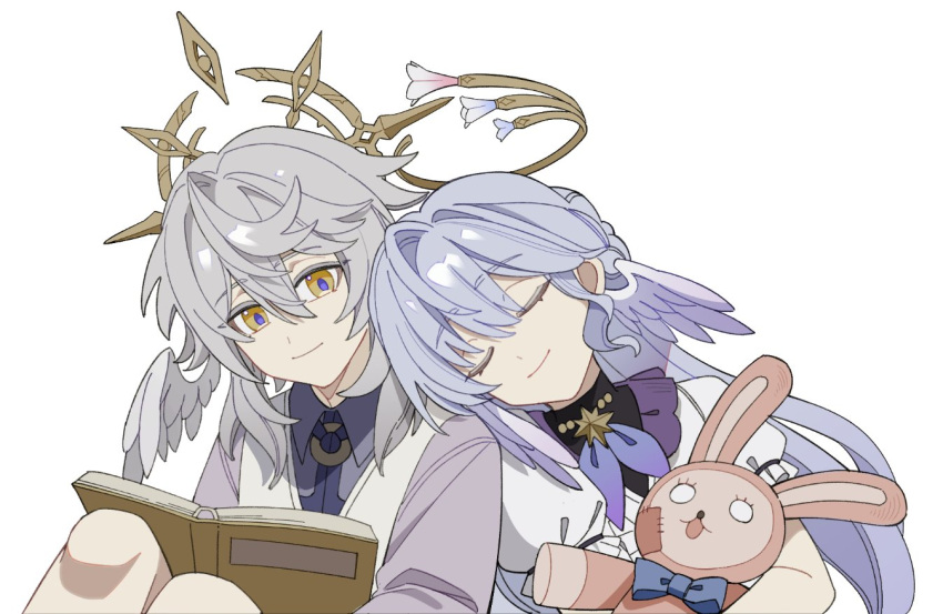 1boy, 1girl, blue_neckerchief, book, brother_and_sister, closed_eyes, closed_mouth, collared_shirt
