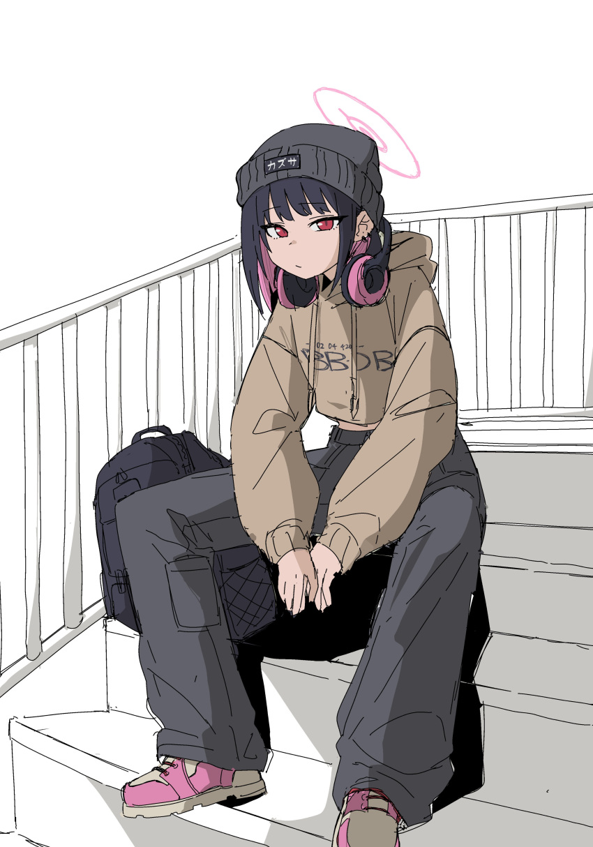 1girl, absurdres, backpack, bag, beanie, black_hair, black_hat, black_pants