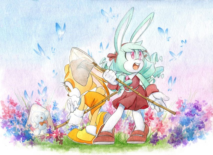 1other, 2girls, animal_ears, anya_the_rabbit, blue_butterfly, blue_fur, blue_hair, brown_dress, brown_eyes, brown_footwear, brown_fur, bug, butterfly, butterfly_net, chao_(sonic), cheese_(sonic), cream_the_rabbit, dress, finik, furry, furry_female, grass, hand_net, highres, holding, holding_butterfly_net, long_hair, mary_janes, multiple_girls, open_mouth, orange_dress, orange_footwear, original, pantyhose, pink_eyes, rabbit_ears, rabbit_girl, ringlets, shoes, sleeveless, sleeveless_dress, sonic_(series), standing, teeth, upper_teeth_only, white_pantyhose