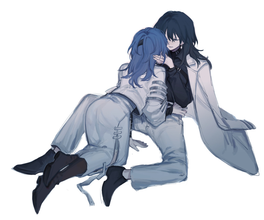 2girls, absurdres, all_fours, between_legs, black_footwear, black_hair, black_shirt, blue_hair, chief_(path_to_nowhere), closed_eyes, coat, coat_on_shoulders, collared_shirt, commentary, earrings, english_commentary, female_chief_(path_to_nowhere), hand_on_another's_face, hand_on_another's_waist, hecate_(path_to_nowhere), highres, jacket, jewelry, long_hair, long_sleeves, looking_at_another, multiple_girls, pants, parted_lips, path_to_nowhere, sashimi_kimochi, shirt, simple_background, sitting, skirt, smile, spread_legs, white_background, white_coat, white_jacket, white_pants, white_skirt, yuri